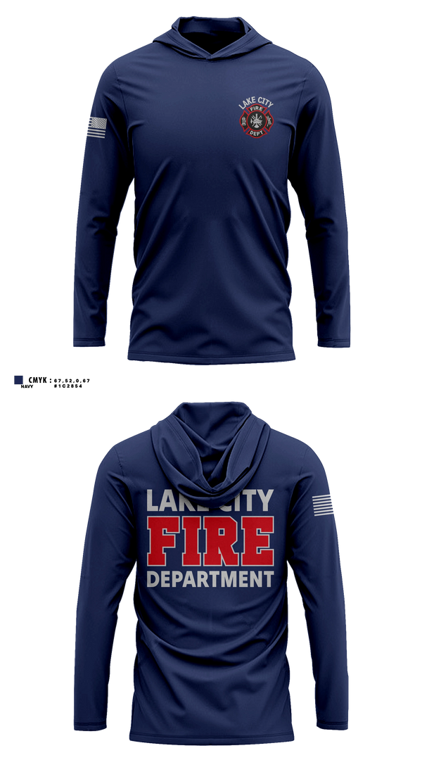 Long Sleeve hooded sunshirt, Lake City Fire Department, Fire Department, Teamtime, Team time, sublimation, custom sports apparel, team uniforms, spirit wear, spiritwear, sports uniforms, custom shirts, team store, custom team store, fundraiser sports, apparel fundraiser