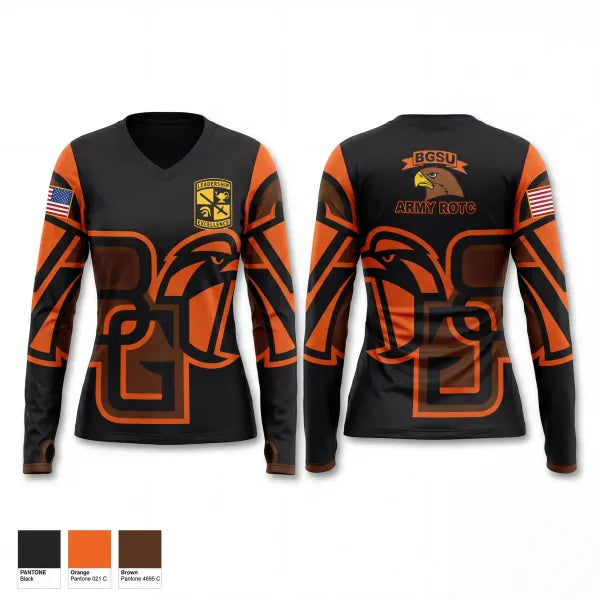 Womens Long Sleeve Vneck Shirt, BGSU Fighting Falcon Battalion, Army, Teamtime, Team time, sublimation, custom sports apparel, team uniforms, spirit wear, spiritwear, sports uniforms, custom shirts, team store, custom team store, fundraiser sports, apparel fundraiser