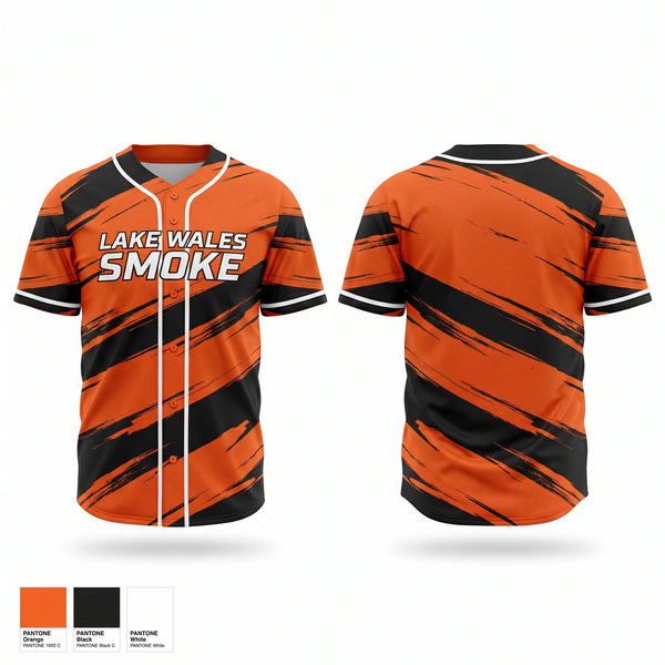 Full Button Baseball Jersey, Lake Wales Smoke, Baseball, Teamtime, Team time, sublimation, custom sports apparel, team uniforms, spirit wear, spiritwear, sports uniforms, custom shirts, team store, custom team store, fundraiser sports, apparel fundraiser
