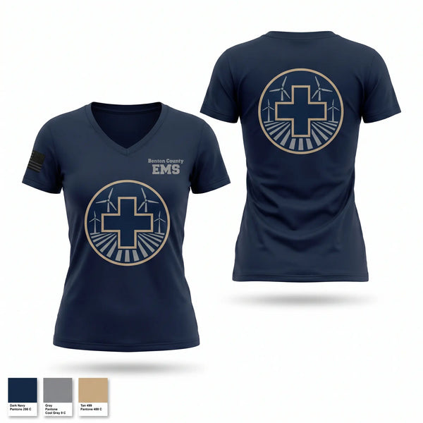 Womens Short Sleeve Vneck Shirt, Benton County E.M.S., EMS/EMT, Teamtime, Team time, sublimation, custom sports apparel, team uniforms, spirit wear, spiritwear, sports uniforms, custom shirts, team store, custom team store, fundraiser sports, apparel fundraiser