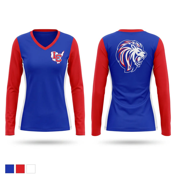 Womens Long Sleeve Vneck Shirt, Lewis County Lions, , Teamtime, Team time, sublimation, custom sports apparel, team uniforms, spirit wear, spiritwear, sports uniforms, custom shirts, team store, custom team store, fundraiser sports, apparel fundraiser