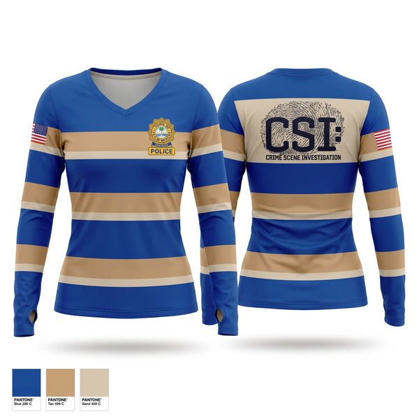 Womens Long Sleeve Vneck Shirt, CRIME SCENE UNIT, Police, Teamtime, Team time, sublimation, custom sports apparel, team uniforms, spirit wear, spiritwear, sports uniforms, custom shirts, team store, custom team store, fundraiser sports, apparel fundraiser