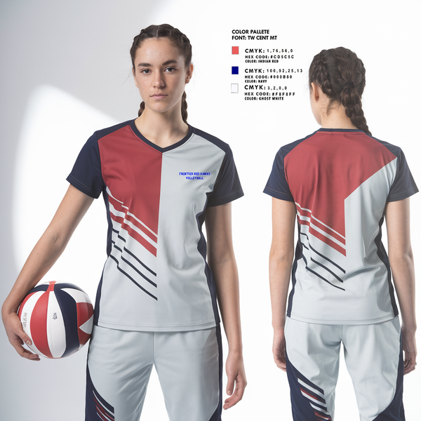 Womens Short Sleeve Vneck Shirt, Frontier Red Hawks, Women's Volleyball, Teamtime, Team time, sublimation, custom sports apparel, team uniforms, spirit wear, spiritwear, sports uniforms, custom shirts, team store, custom team store, fundraiser sports, apparel fundraiser