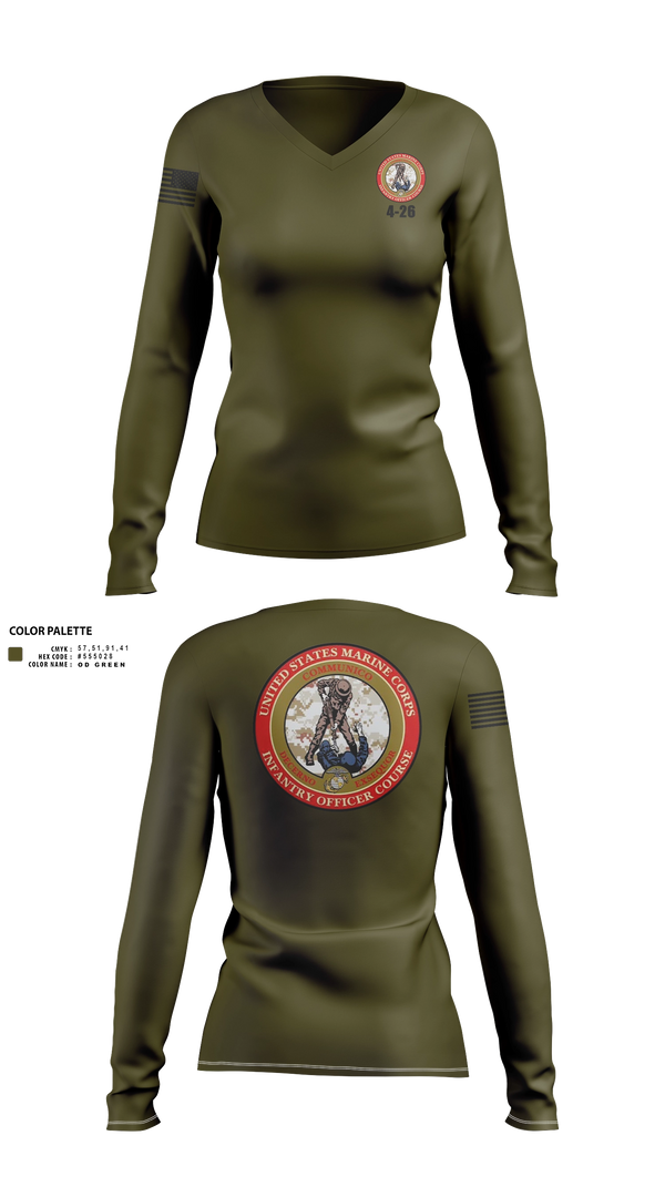 Womens Long Sleeve Vneck Shirt, IOC 4-26, Marines, Teamtime, Team time, sublimation, custom sports apparel, team uniforms, spirit wear, spiritwear, sports uniforms, custom shirts, team store, custom team store, fundraiser sports, apparel fundraiser