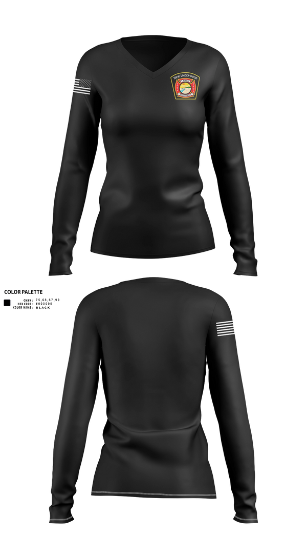 Womens Long Sleeve Vneck Shirt, New Underwood VFD, Fire Department, Teamtime, Team time, sublimation, custom sports apparel, team uniforms, spirit wear, spiritwear, sports uniforms, custom shirts, team store, custom team store, fundraiser sports, apparel fundraiser