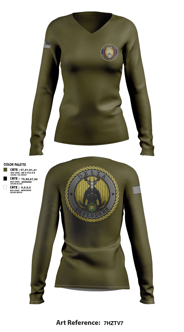 Women's Long Sleeve Vneck Shirt, PMO Delta, Marines, Teamtime, Team time, sublimation, custom sports apparel, team uniforms, spirit wear, spiritwear, sports uniforms, custom shirts, team store, custom team store, fundraiser sports, apparel fundraiser