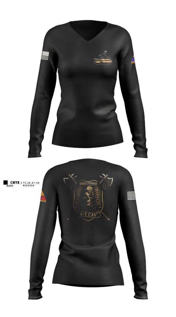 Womens Long Sleeve Vneck Shirt, E Trp, 6-1 CAV, Army, Teamtime, Team time, sublimation, custom sports apparel, team uniforms, spirit wear, spiritwear, sports uniforms, custom shirts, team store, custom team store, fundraiser sports, apparel fundraiser
