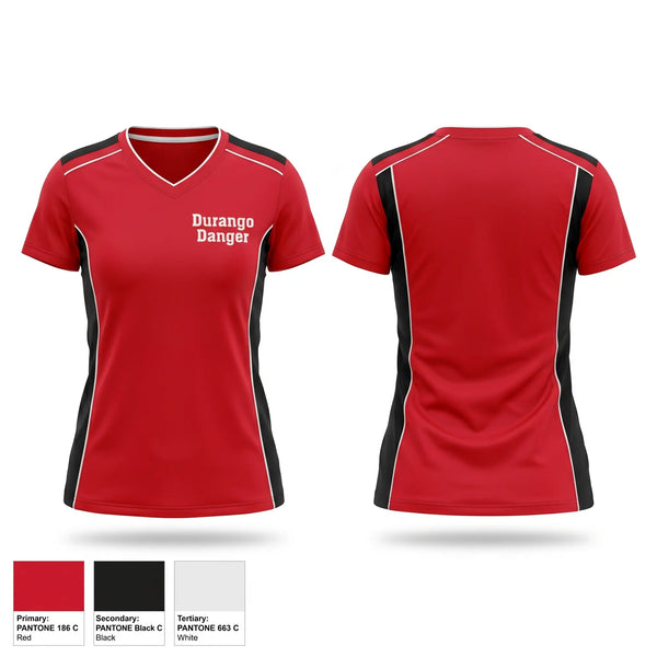 Womens Short Sleeve Vneck Shirt, Durango Danger, Softball, Teamtime, Team time, sublimation, custom sports apparel, team uniforms, spirit wear, spiritwear, sports uniforms, custom shirts, team store, custom team store, fundraiser sports, apparel fundraiser