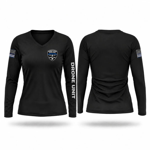 Womens Long Sleeve Vneck Shirt, Middletown Police Department Drone Unit, Police, Teamtime, Team time, sublimation, custom sports apparel, team uniforms, spirit wear, spiritwear, sports uniforms, custom shirts, team store, custom team store, fundraiser sports, apparel fundraiser