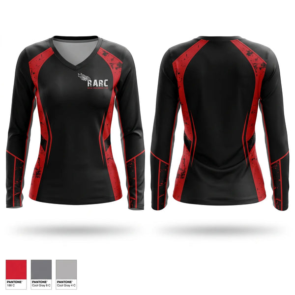 Womens Long Sleeve Vneck Shirt, Racine Area Running Club, Spirit Store, Teamtime, Team time, sublimation, custom sports apparel, team uniforms, spirit wear, spiritwear, sports uniforms, custom shirts, team store, custom team store, fundraiser sports, apparel fundraiser