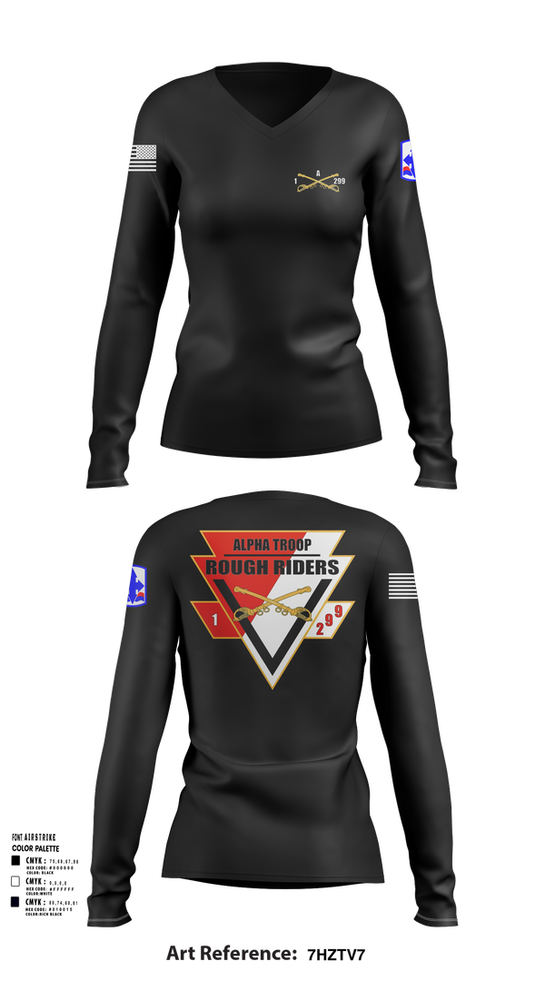 Womens Long Sleeve Vneck Shirt, A Troop, 1st squadron-299th Calvary Regiment, , Teamtime, Team time, sublimation, custom sports apparel, team uniforms, spirit wear, spiritwear, sports uniforms, custom shirts, team store, custom team store, fundraiser sports, apparel fundraiser