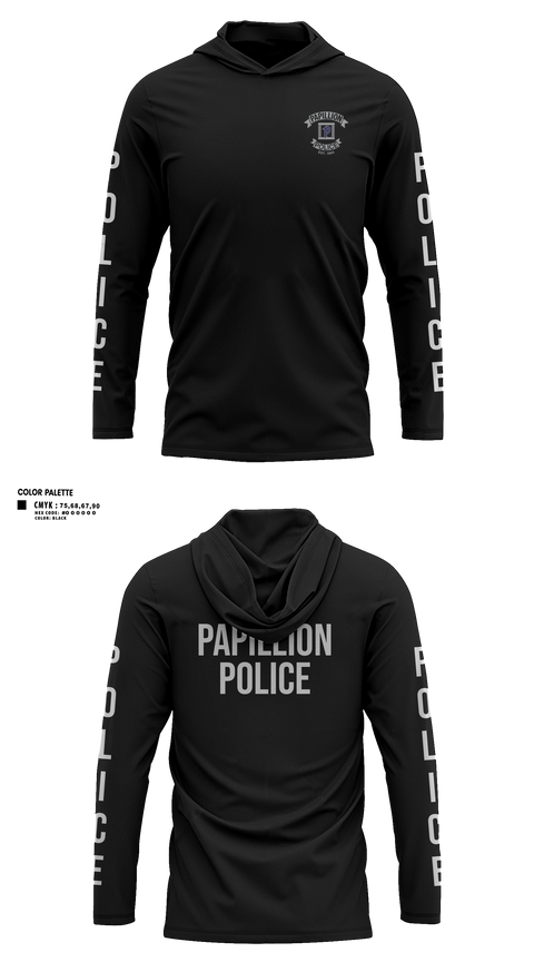 Long Sleeve Performance Shirt with hood, Papillion Police Department, Police, Teamtime, Team time, sublimation, custom sports apparel, team uniforms, spirit wear, spiritwear, sports uniforms, custom shirts, team store, custom team store, fundraiser sports, apparel fundraiser