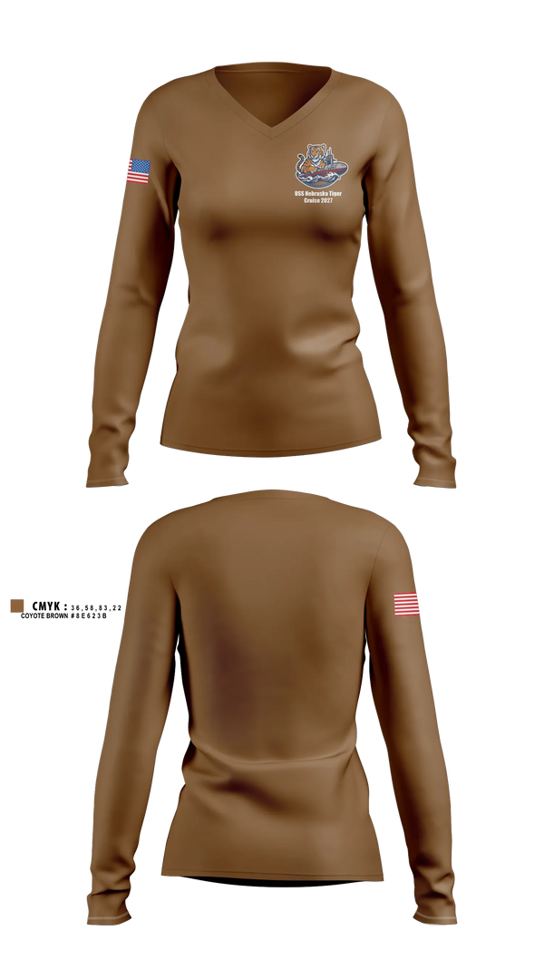 Womens Long Sleeve Vneck Shirt, USS NEB GOLD TIGER CRUISE 27, Navy, Teamtime, Team time, sublimation, custom sports apparel, team uniforms, spirit wear, spiritwear, sports uniforms, custom shirts, team store, custom team store, fundraiser sports, apparel fundraiser