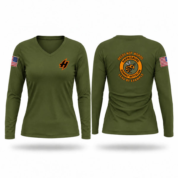 Womens Long Sleeve Vneck Shirt, Harrisburg Hornet Battalion, Army, Teamtime, Team time, sublimation, custom sports apparel, team uniforms, spirit wear, spiritwear, sports uniforms, custom shirts, team store, custom team store, fundraiser sports, apparel fundraiser