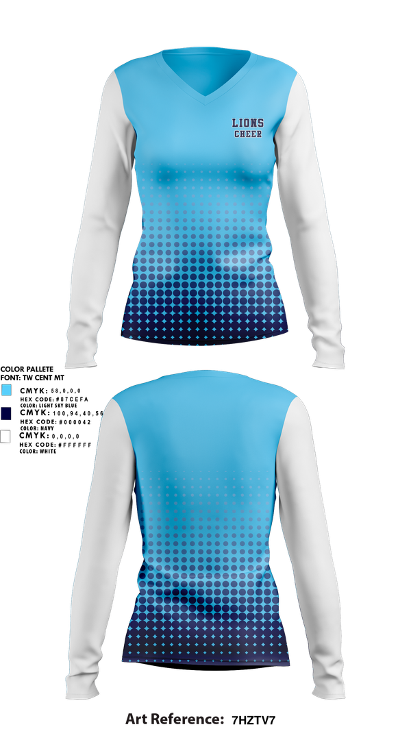 Womens Long Sleeve Vneck Shirt, Lions, Cheer, Teamtime, Team time, sublimation, custom sports apparel, team uniforms, spirit wear, spiritwear, sports uniforms, custom shirts, team store, custom team store, fundraiser sports, apparel fundraiser