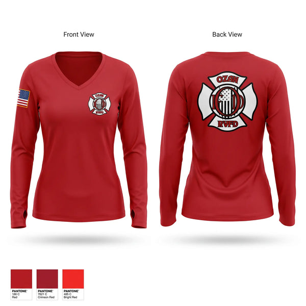 Womens Long Sleeve Vneck Shirt, Ozan Rural Volunteer Fire Dept, Fire Department, Teamtime, Team time, sublimation, custom sports apparel, team uniforms, spirit wear, spiritwear, sports uniforms, custom shirts, team store, custom team store, fundraiser sports, apparel fundraiser