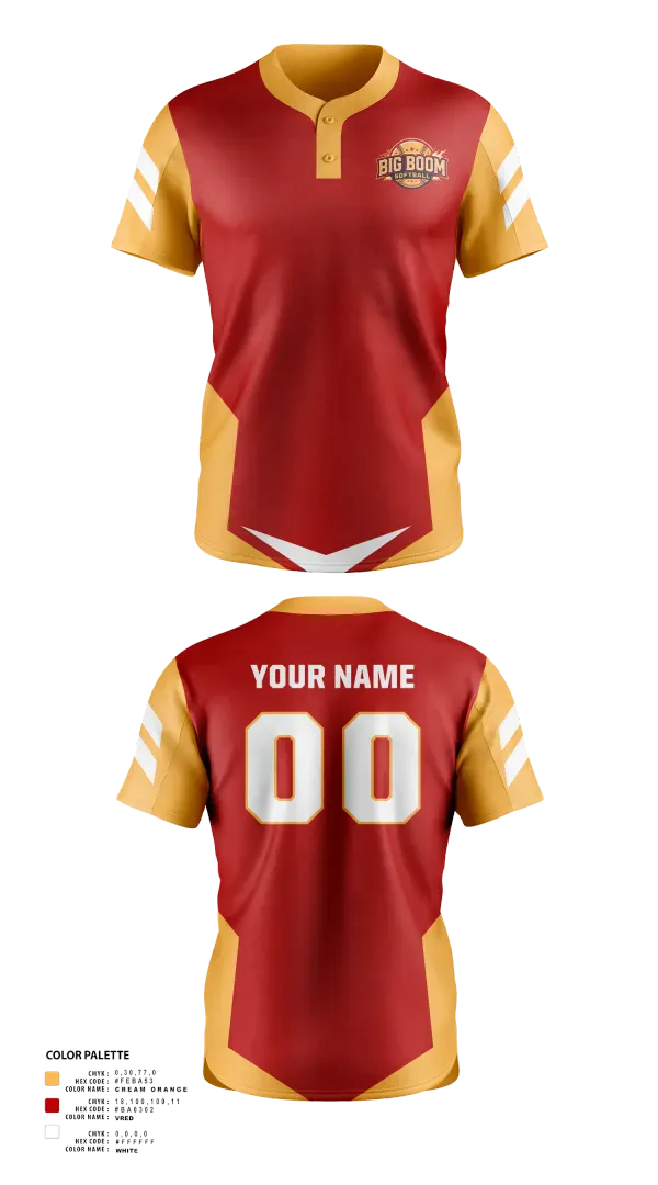 Two Button Softball Jersey, Big Boom, Softball, Teamtime, Team time, sublimation, custom sports apparel, team uniforms, spirit wear, spiritwear, sports uniforms, custom shirts, team store, custom team store, fundraiser sports, apparel fundraiser