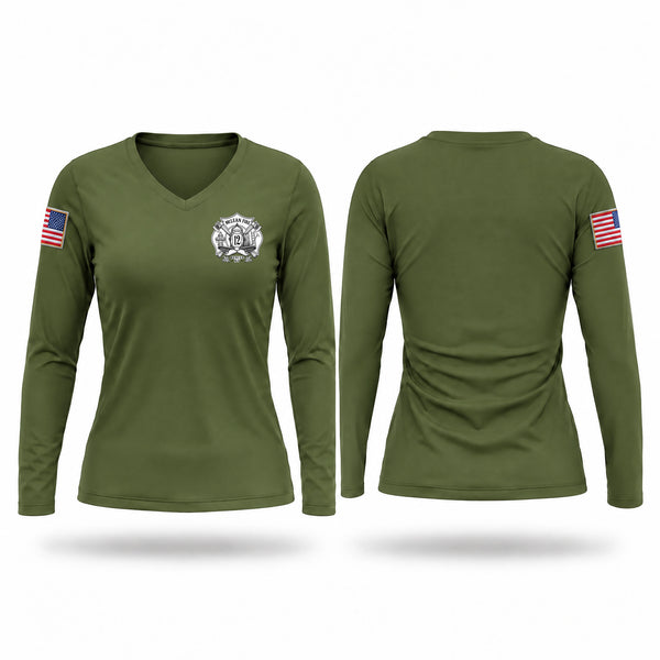 Womens Long Sleeve Vneck Shirt, McLean fire/ems, Fire Department, Teamtime, Team time, sublimation, custom sports apparel, team uniforms, spirit wear, spiritwear, sports uniforms, custom shirts, team store, custom team store, fundraiser sports, apparel fundraiser
