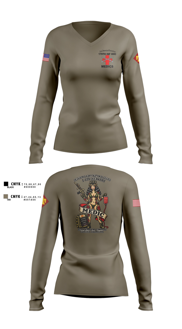 Womens Long Sleeve Vneck Shirt, 179 HHC Medics, National Guard, Teamtime, Team time, sublimation, custom sports apparel, team uniforms, spirit wear, spiritwear, sports uniforms, custom shirts, team store, custom team store, fundraiser sports, apparel fundraiser