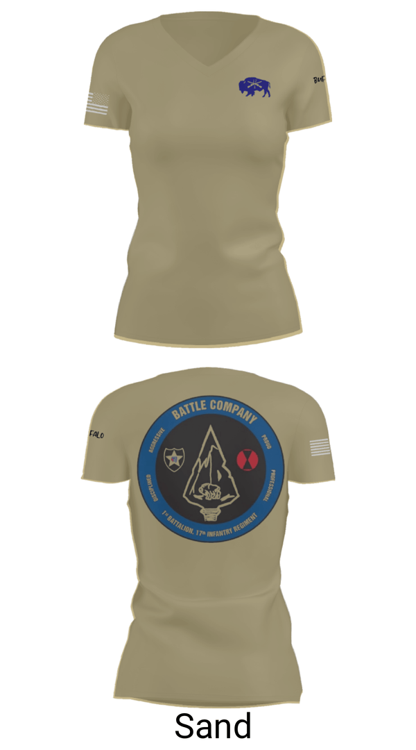 Women's Short Sleeve Vneck Shirt, Battle company 1-17IN, Army, Teamtime, Team time, sublimation, custom sports apparel, team uniforms, spirit wear, spiritwear, sports uniforms, custom shirts, team store, custom team store, fundraiser sports, apparel fundraiser