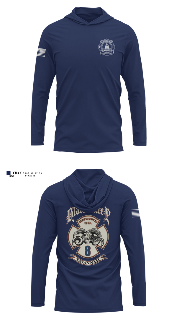 Long Sleeve hooded sunshirt, Engine 8, Fire Department, Teamtime, Team time, sublimation, custom sports apparel, team uniforms, spirit wear, spiritwear, sports uniforms, custom shirts, team store, custom team store, fundraiser sports, apparel fundraiser