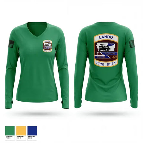 Womens Long Sleeve Vneck Shirt, Lando Fire Department, Fire Department, Teamtime, Team time, sublimation, custom sports apparel, team uniforms, spirit wear, spiritwear, sports uniforms, custom shirts, team store, custom team store, fundraiser sports, apparel fundraiser