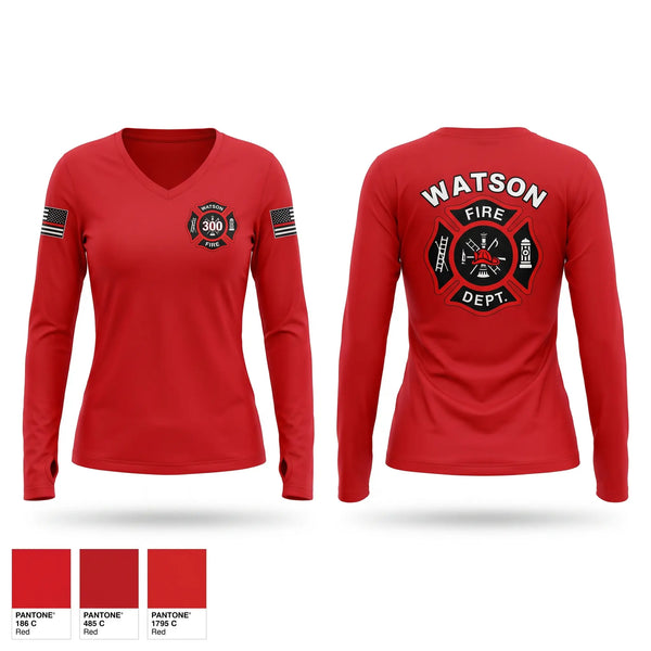 Womens Long Sleeve Vneck Shirt, WATSON, Fire Department, Teamtime, Team time, sublimation, custom sports apparel, team uniforms, spirit wear, spiritwear, sports uniforms, custom shirts, team store, custom team store, fundraiser sports, apparel fundraiser