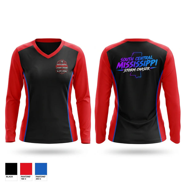 Womens Long Sleeve Vneck Shirt, South central Mississippi storm chasers, , Teamtime, Team time, sublimation, custom sports apparel, team uniforms, spirit wear, spiritwear, sports uniforms, custom shirts, team store, custom team store, fundraiser sports, apparel fundraiser