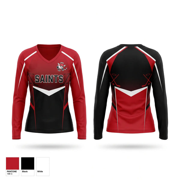 Womens Long Sleeve Vneck Shirt, Tri County Saints, Ice Hockey, Teamtime, Team time, sublimation, custom sports apparel, team uniforms, spirit wear, spiritwear, sports uniforms, custom shirts, team store, custom team store, fundraiser sports, apparel fundraiser