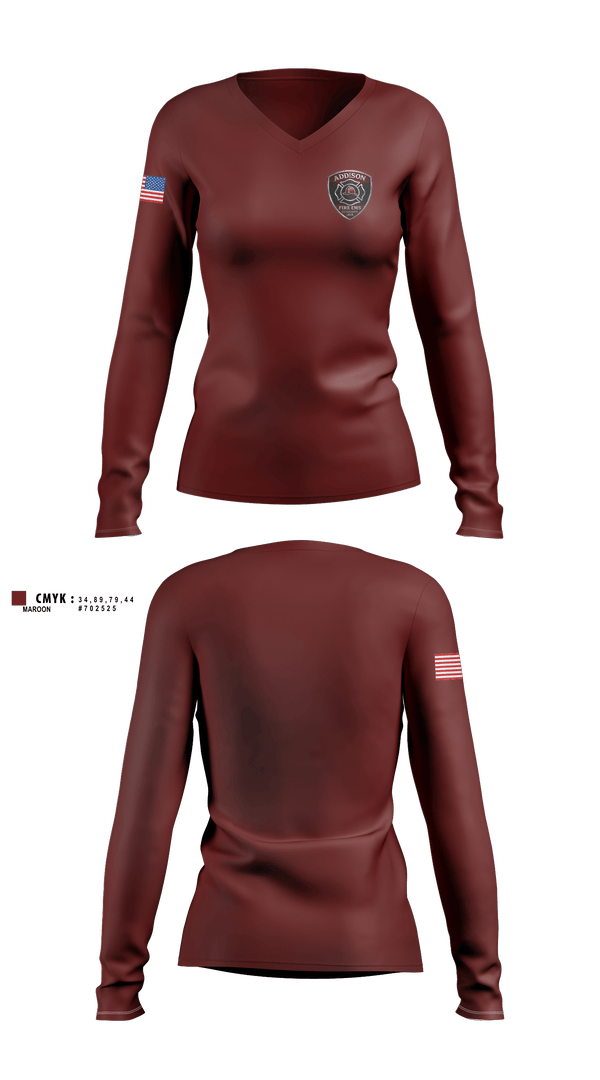 Womens Long Sleeve Vneck Shirt, Addison volunteer, Fire Department, Teamtime, Team time, sublimation, custom sports apparel, team uniforms, spirit wear, spiritwear, sports uniforms, custom shirts, team store, custom team store, fundraiser sports, apparel fundraiser