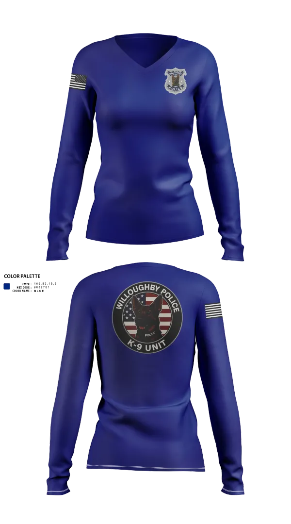 Womens Long Sleeve Vneck Shirt, Willoughby Police K9 Unit, Police, Teamtime, Team time, sublimation, custom sports apparel, team uniforms, spirit wear, spiritwear, sports uniforms, custom shirts, team store, custom team store, fundraiser sports, apparel fundraiser