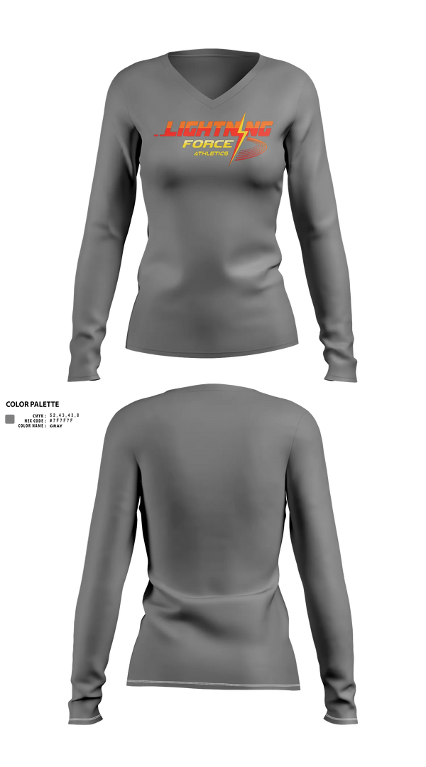 Womens Long Sleeve Vneck Shirt, Lightning Force Athletics, Track & Field, Teamtime, Team time, sublimation, custom sports apparel, team uniforms, spirit wear, spiritwear, sports uniforms, custom shirts, team store, custom team store, fundraiser sports, apparel fundraiser