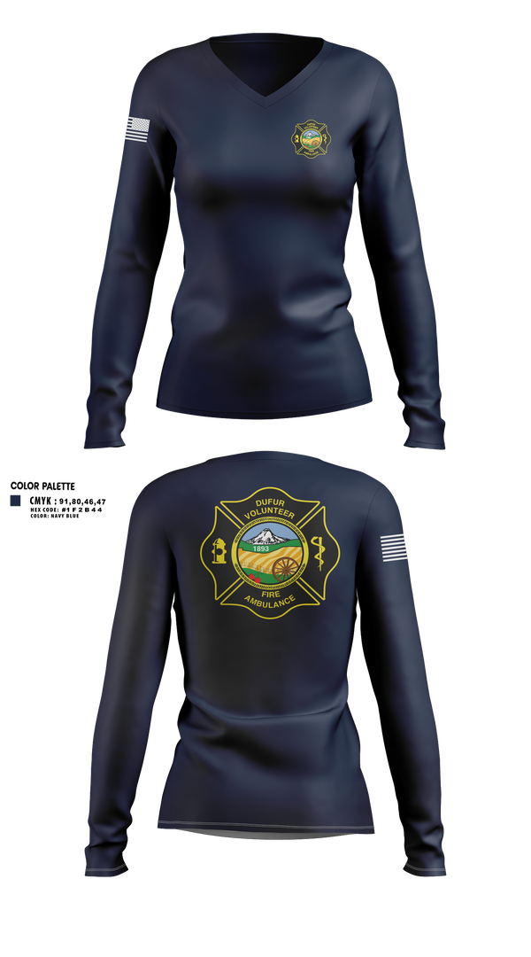 Womens Long Sleeve Vneck Shirt, Dufur Volunteer Fire and Ambulance, Fire Department, Teamtime, Team time, sublimation, custom sports apparel, team uniforms, spirit wear, spiritwear, sports uniforms, custom shirts, team store, custom team store, fundraiser sports, apparel fundraiser