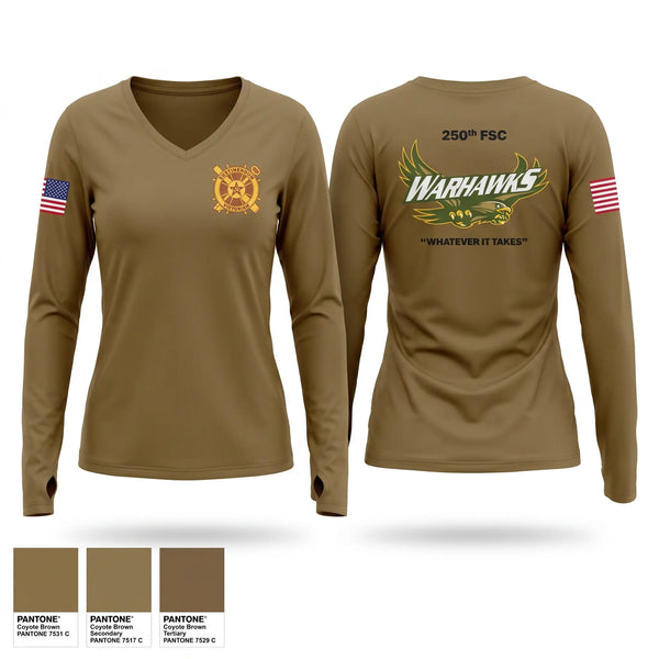 Womens Long Sleeve Vneck Shirt, 250th FSC, Army, Teamtime, Team time, sublimation, custom sports apparel, team uniforms, spirit wear, spiritwear, sports uniforms, custom shirts, team store, custom team store, fundraiser sports, apparel fundraiser