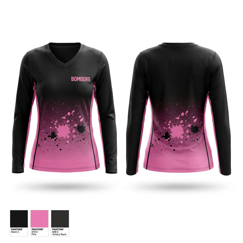 Womens Long Sleeve Vneck Shirt, BOMBERS, Baseball, Teamtime, Team time, sublimation, custom sports apparel, team uniforms, spirit wear, spiritwear, sports uniforms, custom shirts, team store, custom team store, fundraiser sports, apparel fundraiser