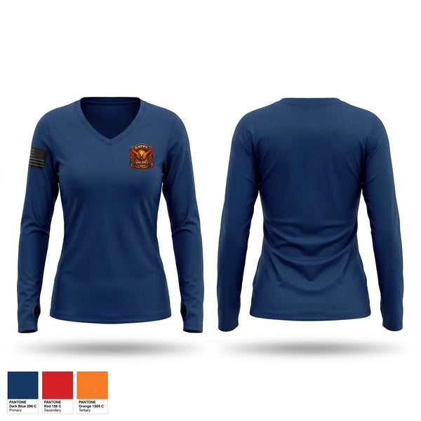 Womens Long Sleeve Vneck Shirt, Sayre Fire & Rescue, Fire Department, Teamtime, Team time, sublimation, custom sports apparel, team uniforms, spirit wear, spiritwear, sports uniforms, custom shirts, team store, custom team store, fundraiser sports, apparel fundraiser