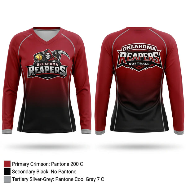 Womens Long Sleeve Vneck Shirt, Oklahoma Reapers, Softball, Teamtime, Team time, sublimation, custom sports apparel, team uniforms, spirit wear, spiritwear, sports uniforms, custom shirts, team store, custom team store, fundraiser sports, apparel fundraiser