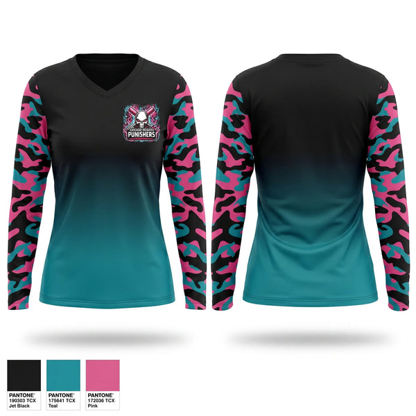 Womens Long Sleeve Vneck Shirt, Chicago Heights Punishers, Softball, Teamtime, Team time, sublimation, custom sports apparel, team uniforms, spirit wear, spiritwear, sports uniforms, custom shirts, team store, custom team store, fundraiser sports, apparel fundraiser
