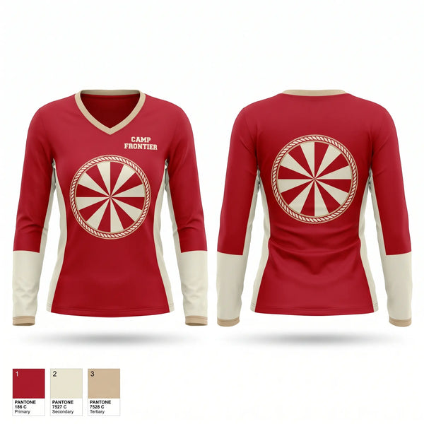 Womens Long Sleeve Vneck Shirt, Camp Frontier, Swimming, Teamtime, Team time, sublimation, custom sports apparel, team uniforms, spirit wear, spiritwear, sports uniforms, custom shirts, team store, custom team store, fundraiser sports, apparel fundraiser
