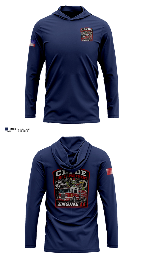 Long Sleeve Performance Shirt with hood, Clyde fire department, Fire Department, Teamtime, Team time, sublimation, custom sports apparel, team uniforms, spirit wear, spiritwear, sports uniforms, custom shirts, team store, custom team store, fundraiser sports, apparel fundraiser