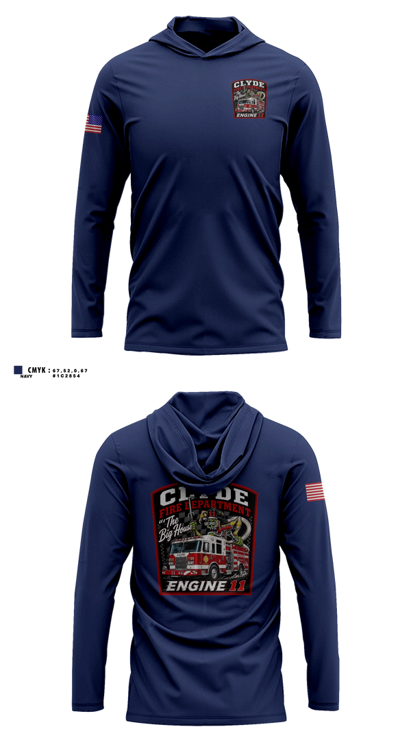 Long Sleeve Performance Shirt with hood, Clyde fire department, Fire Department, Teamtime, Team time, sublimation, custom sports apparel, team uniforms, spirit wear, spiritwear, sports uniforms, custom shirts, team store, custom team store, fundraiser sports, apparel fundraiser