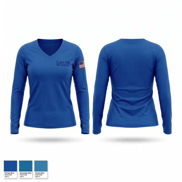 Womens Long Sleeve Vneck Shirt, Claxton fire department, Fire Department, Teamtime, Team time, sublimation, custom sports apparel, team uniforms, spirit wear, spiritwear, sports uniforms, custom shirts, team store, custom team store, fundraiser sports, apparel fundraiser