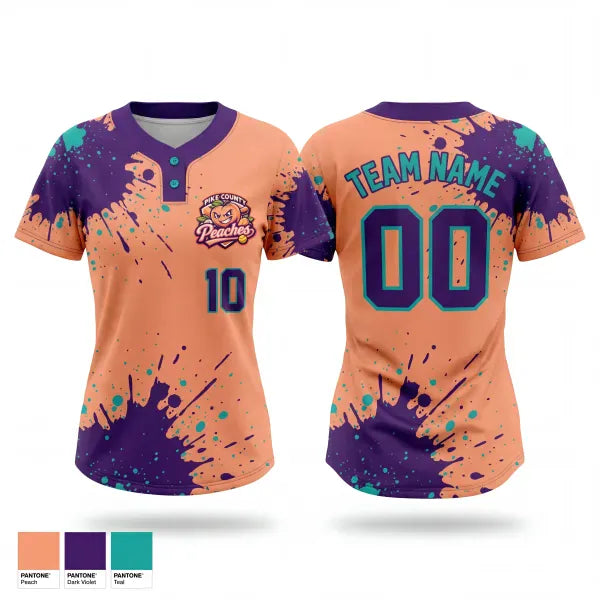 Two Button Softball Jersey, Pike County Peaches, Softball, Teamtime, Team time, sublimation, custom sports apparel, team uniforms, spirit wear, spiritwear, sports uniforms, custom shirts, team store, custom team store, fundraiser sports, apparel fundraiser
