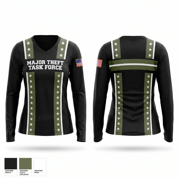 Womens Long Sleeve Vneck Shirt, Major Theft Task Force, Police, Teamtime, Team time, sublimation, custom sports apparel, team uniforms, spirit wear, spiritwear, sports uniforms, custom shirts, team store, custom team store, fundraiser sports, apparel fundraiser