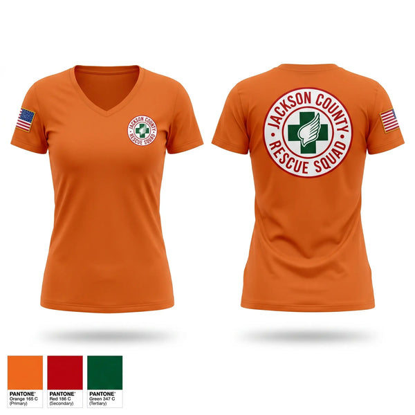 Womens Short Sleeve Vneck Shirt, Jackson County Rescue Squad, EMS/EMT, Teamtime, Team time, sublimation, custom sports apparel, team uniforms, spirit wear, spiritwear, sports uniforms, custom shirts, team store, custom team store, fundraiser sports, apparel fundraiser