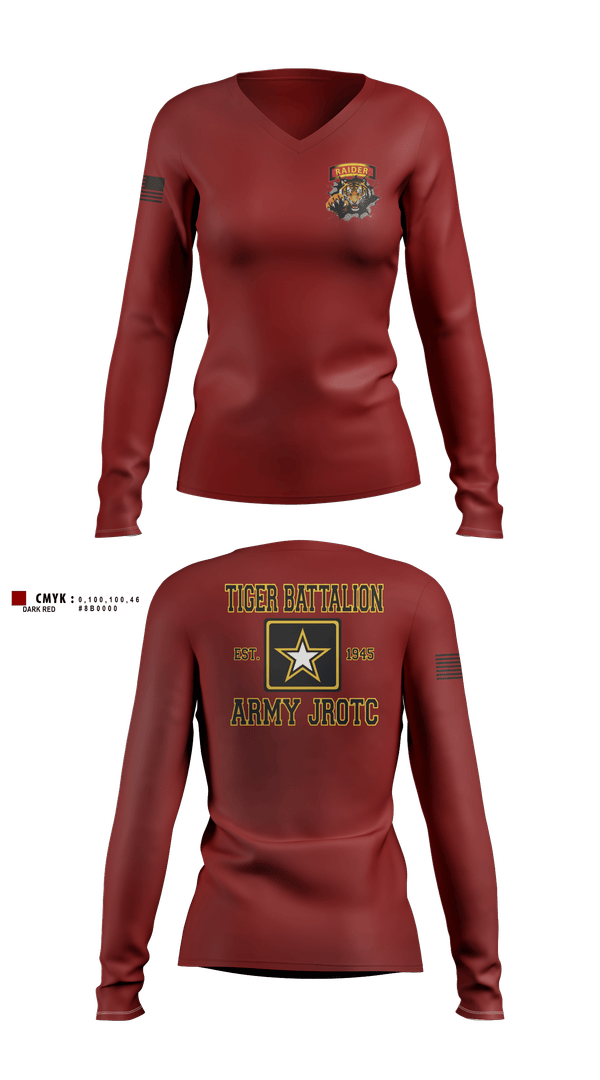 Womens Long Sleeve Vneck Shirt, Tiger Battalion, Army, Teamtime, Team time, sublimation, custom sports apparel, team uniforms, spirit wear, spiritwear, sports uniforms, custom shirts, team store, custom team store, fundraiser sports, apparel fundraiser