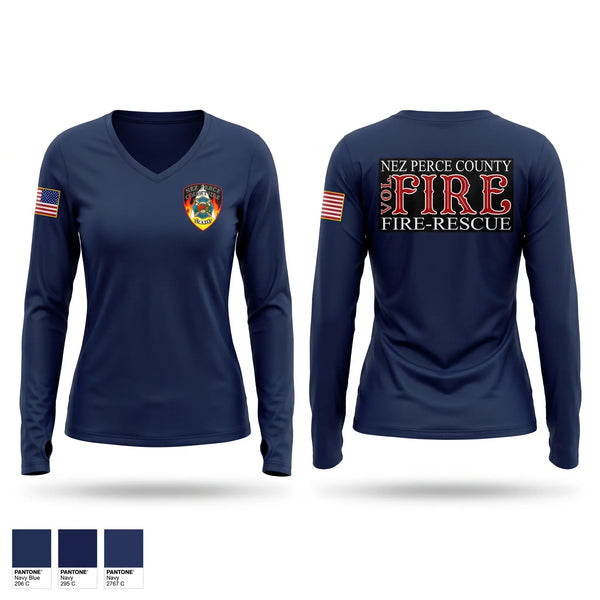 Womens Long Sleeve Vneck Shirt, Nez Perce County Fire, Fire Department, Teamtime, Team time, sublimation, custom sports apparel, team uniforms, spirit wear, spiritwear, sports uniforms, custom shirts, team store, custom team store, fundraiser sports, apparel fundraiser