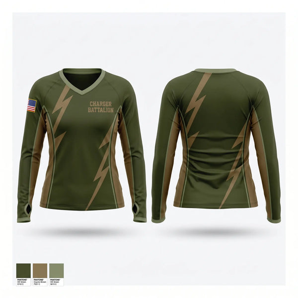 Womens Long Sleeve Vneck Shirt, Charger Battalion, Army, Teamtime, Team time, sublimation, custom sports apparel, team uniforms, spirit wear, spiritwear, sports uniforms, custom shirts, team store, custom team store, fundraiser sports, apparel fundraiser