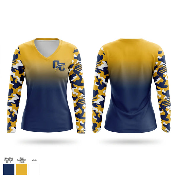 Womens Long Sleeve Vneck Shirt, Oakmont chargers, , Teamtime, Team time, sublimation, custom sports apparel, team uniforms, spirit wear, spiritwear, sports uniforms, custom shirts, team store, custom team store, fundraiser sports, apparel fundraiser