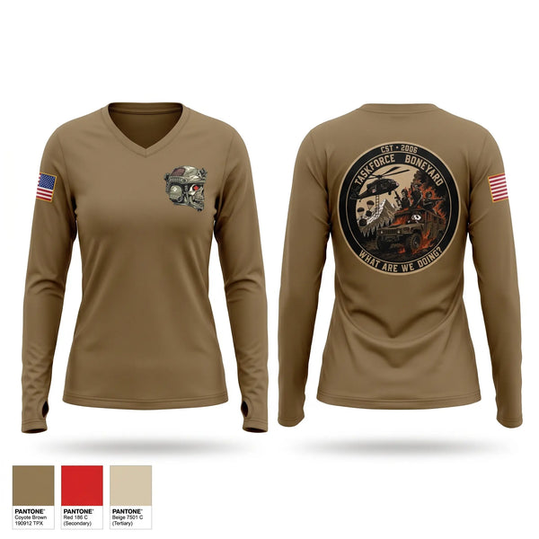 Womens Long Sleeve Vneck Shirt, TF BONEYARD, Army, Teamtime, Team time, sublimation, custom sports apparel, team uniforms, spirit wear, spiritwear, sports uniforms, custom shirts, team store, custom team store, fundraiser sports, apparel fundraiser